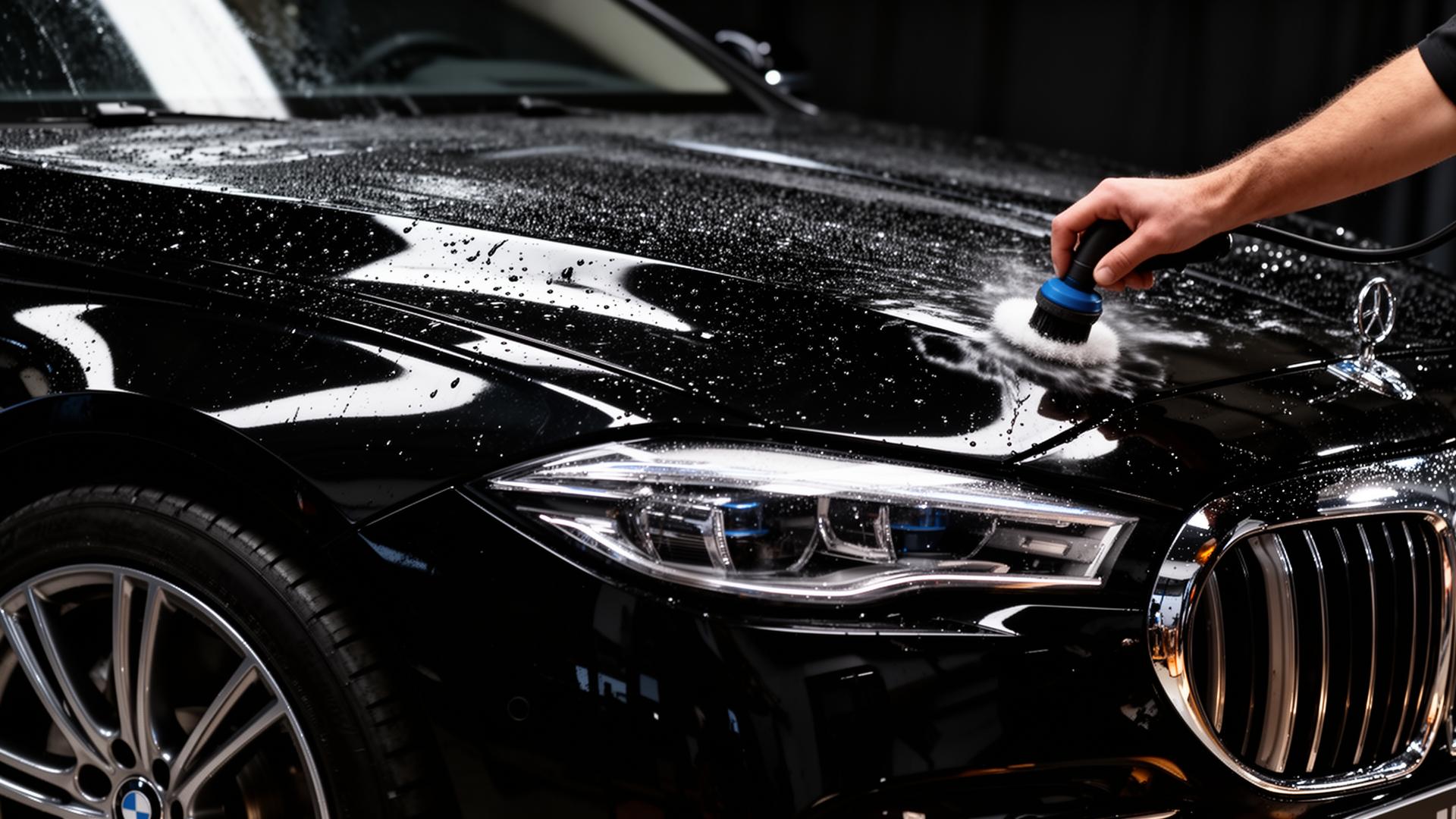 Black luxury car being detailed